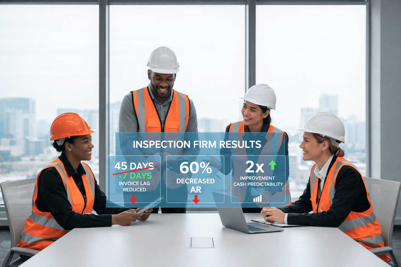 Photorealistic office meeting with an inspection firm team wearing safety vests and hard hats, reviewing performance results that show reduced invoice lag, lower accounts receivable, and improved cash predictability through clearer sales-to-cash controls.