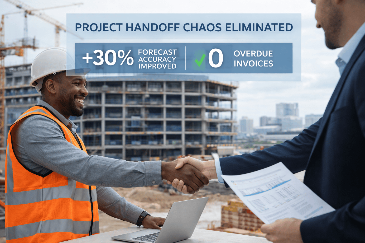 Photorealistic construction-site handoff where a contractor in a safety vest shakes hands with a business manager, symbolizing a clean project transition with eliminated handoff chaos, improved forecast accuracy, and zero overdue invoices.