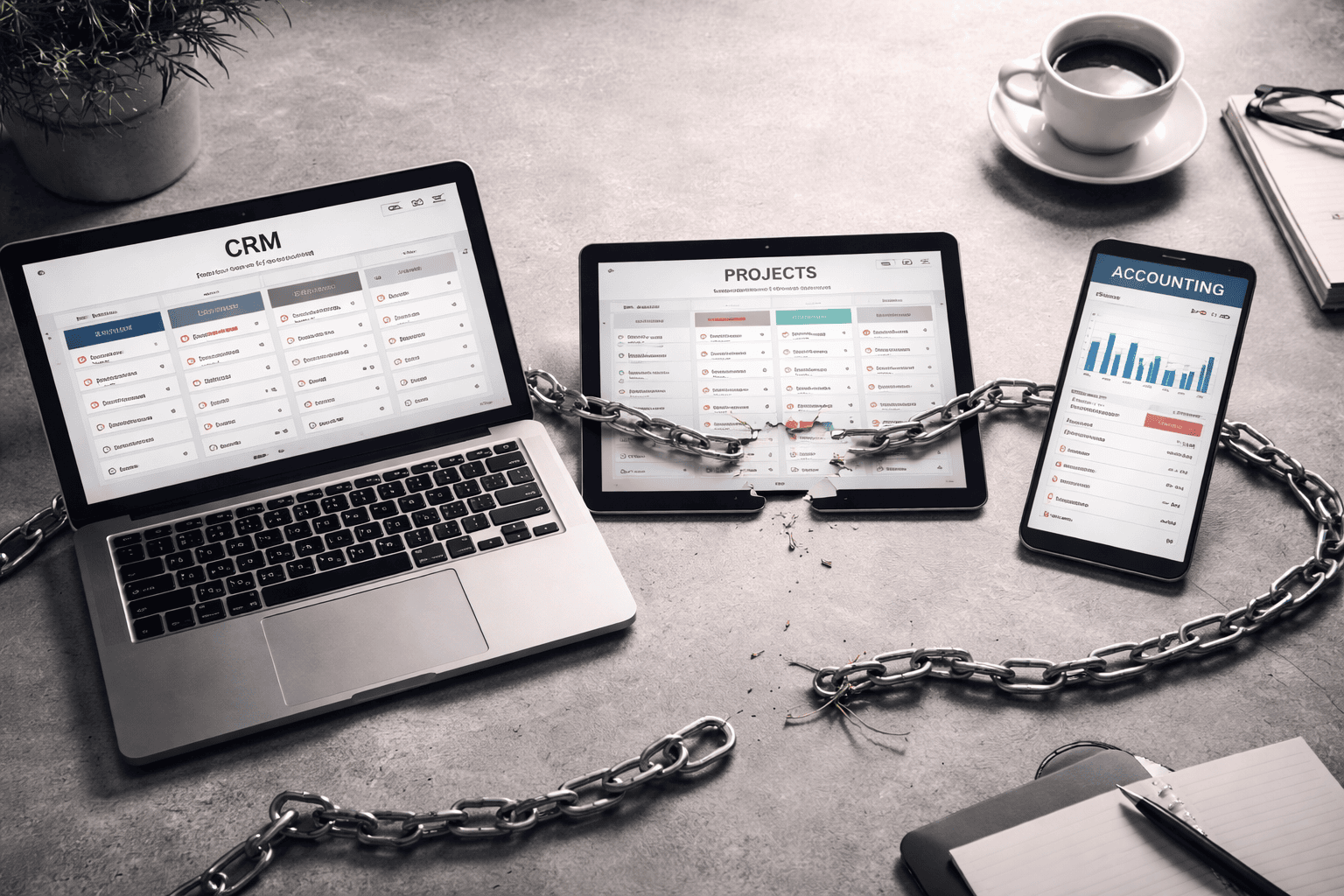 Photorealistic workspace scene showing a CRM dashboard on a laptop, a project management screen on a tablet, and accounting data on a phone, separated by a broken chain, illustrating disconnected business systems and lack of integration.