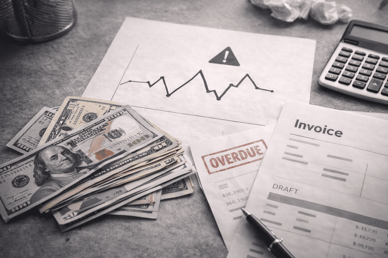Photorealistic desk scene with scattered cash, overdue invoices, and a jagged revenue chart, illustrating unpredictable cash flow caused by billing that is not aligned with delivery milestones.