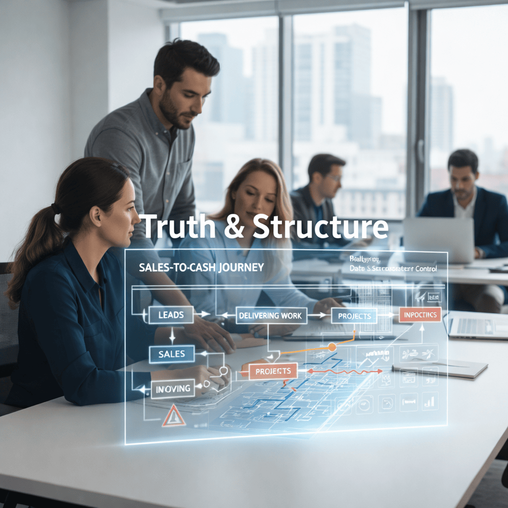 Photorealistic office scene of a team collaborating around a sales-to-cash process diagram labeled “Truth & Structure,” illustrating a structured journey from leads and sales through project delivery to invoicing and cash control.