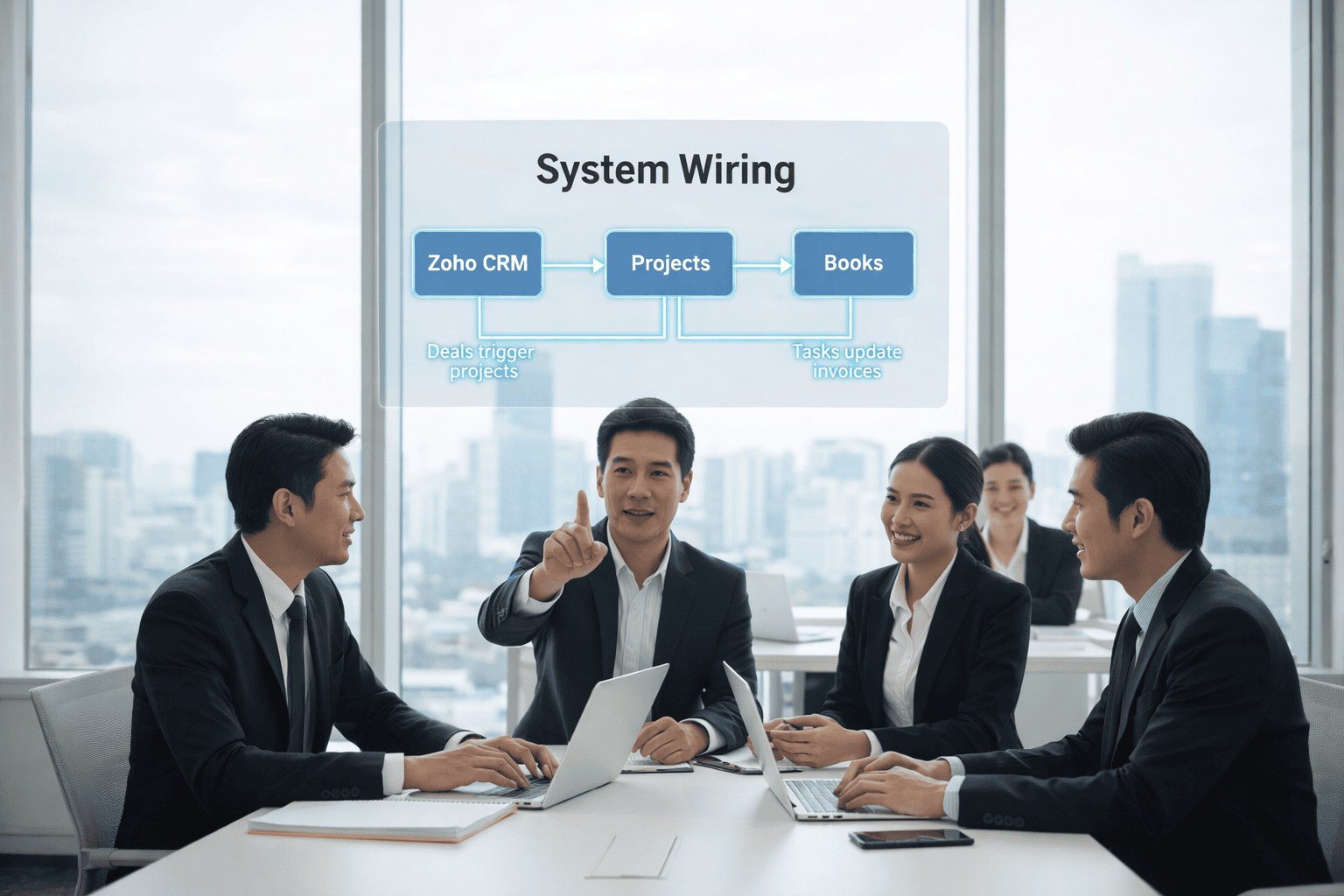 Photorealistic office meeting where a team reviews a system wiring diagram linking Zoho CRM, Projects, and Books, illustrating how deals trigger projects and completed tasks update invoices in a unified sales-to-cash workflow.