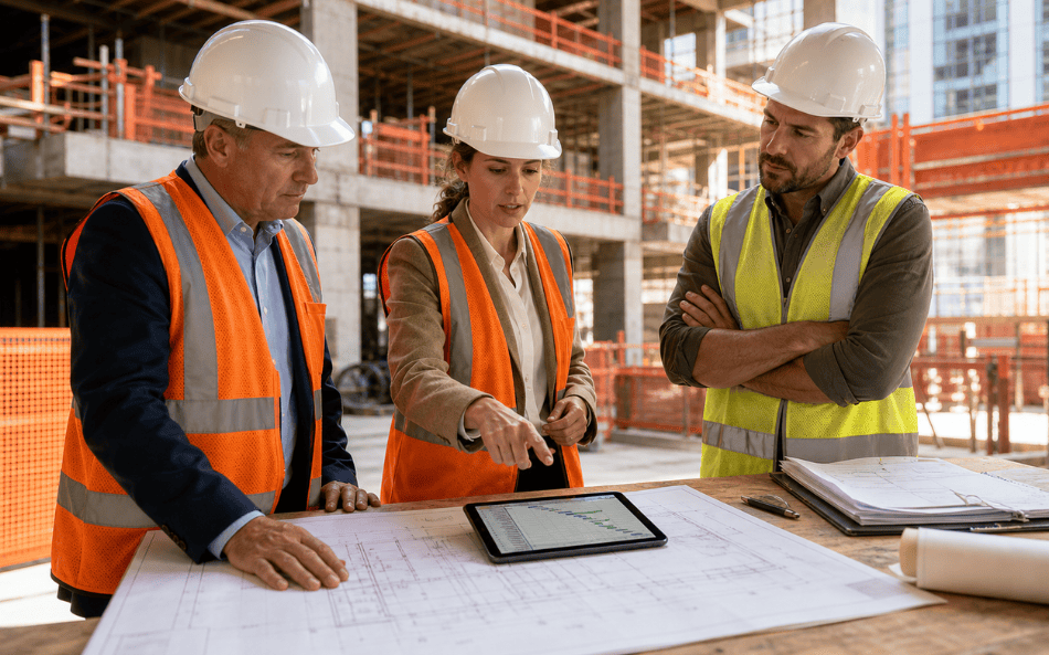 Three people in hard hats review construction drawings and a schedule on a tablet.