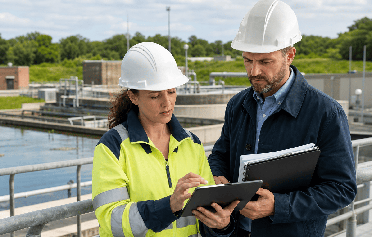 Two people in hard hats review a tablet beside outdoor treatment basins.