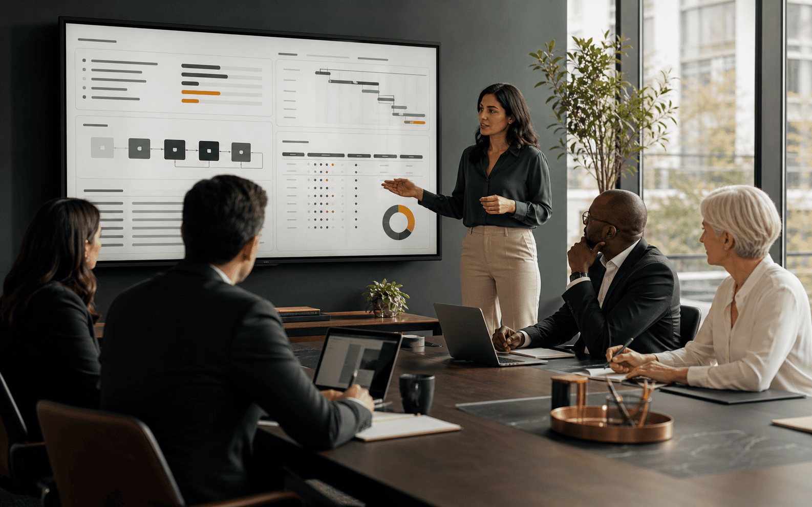 A presenter reviews a project dashboard with four colleagues in a meeting room.